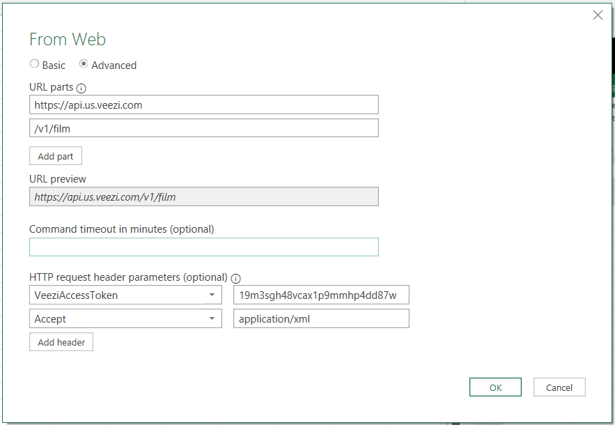 XML header parameters are filled in