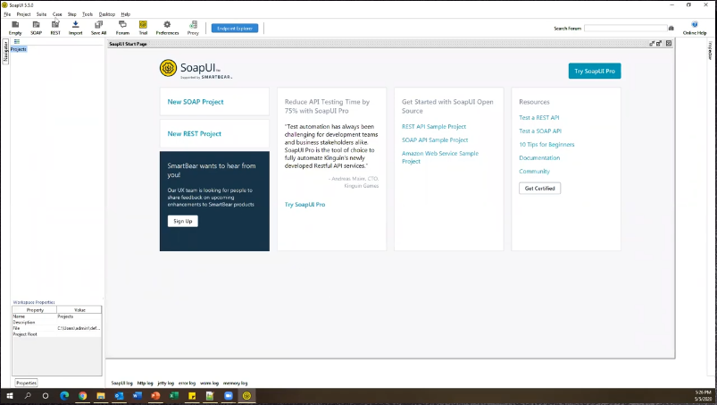 SoapUI with its Start Screen