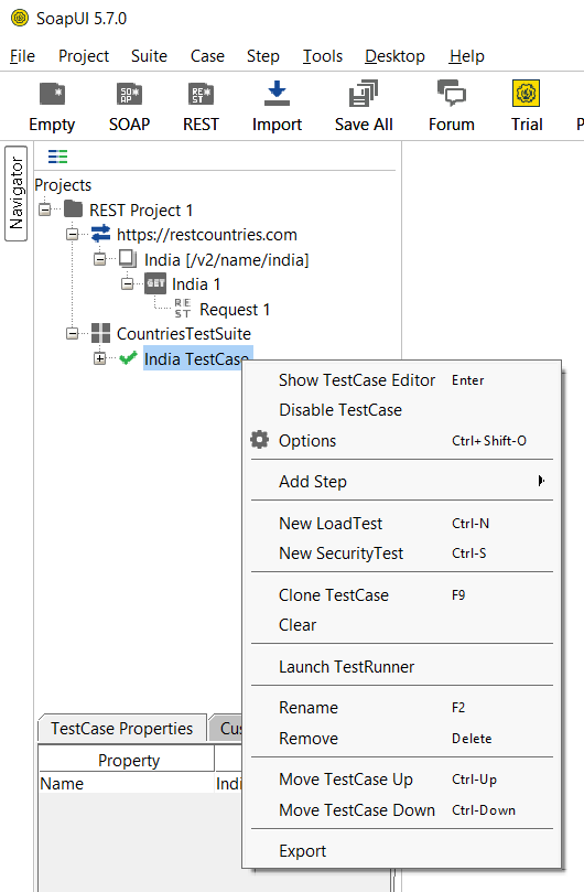 the submenu from the TestCase