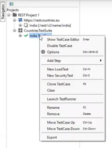 the submenu from the TestCase