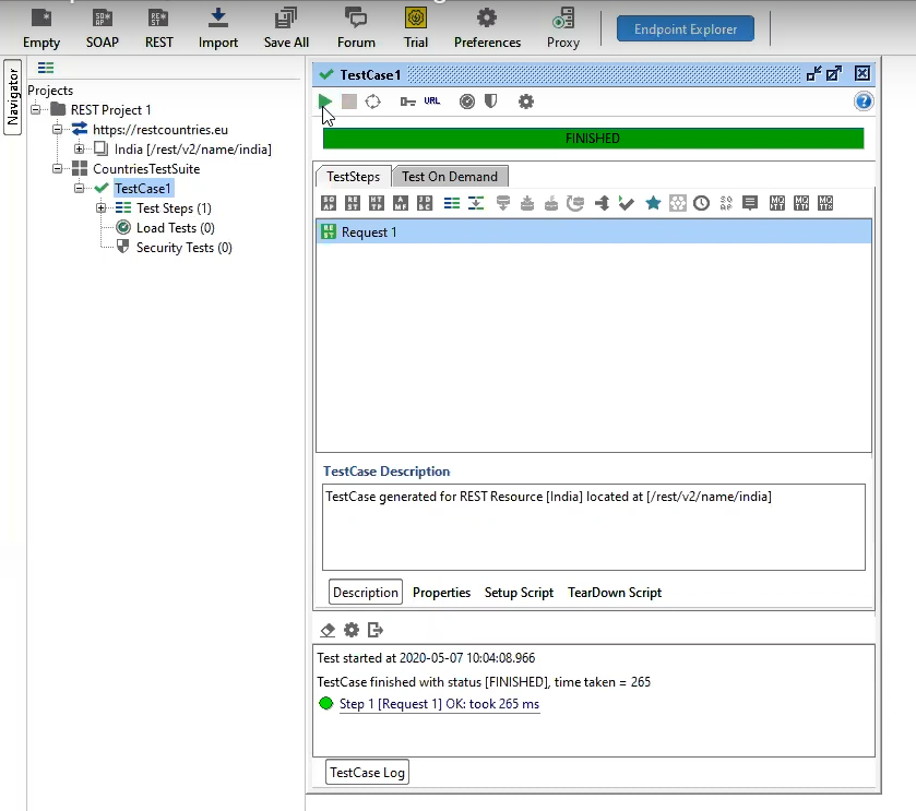 the TestCase1 dialog box after Run