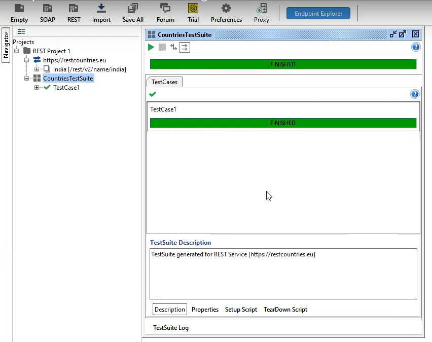 the CountriesTestSuite dialog box after Run