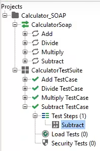 tree view expanded for Test Steps(1) under the Subtract TestCase